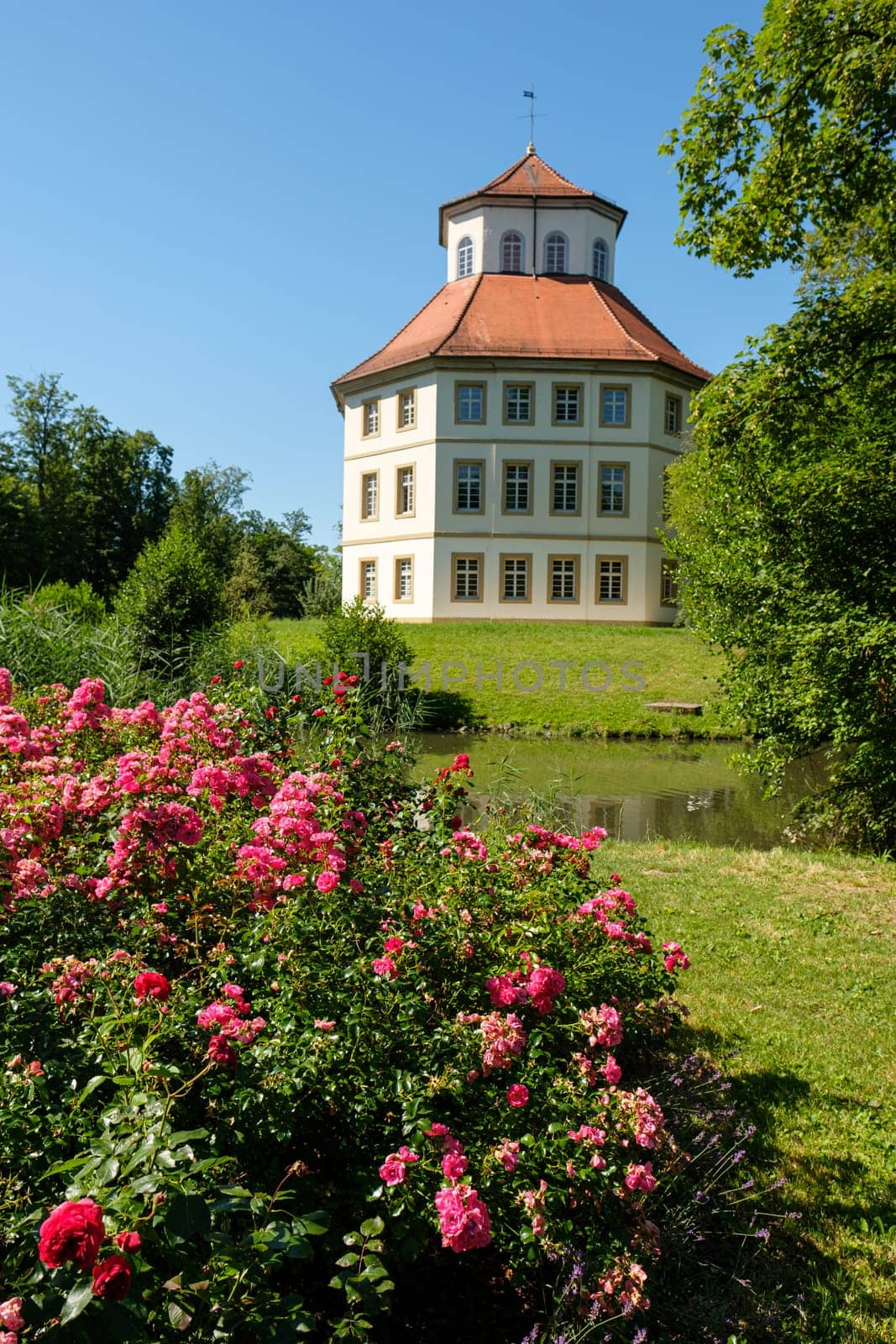 City hall of Oppenweiler in former castle building with blossom roses