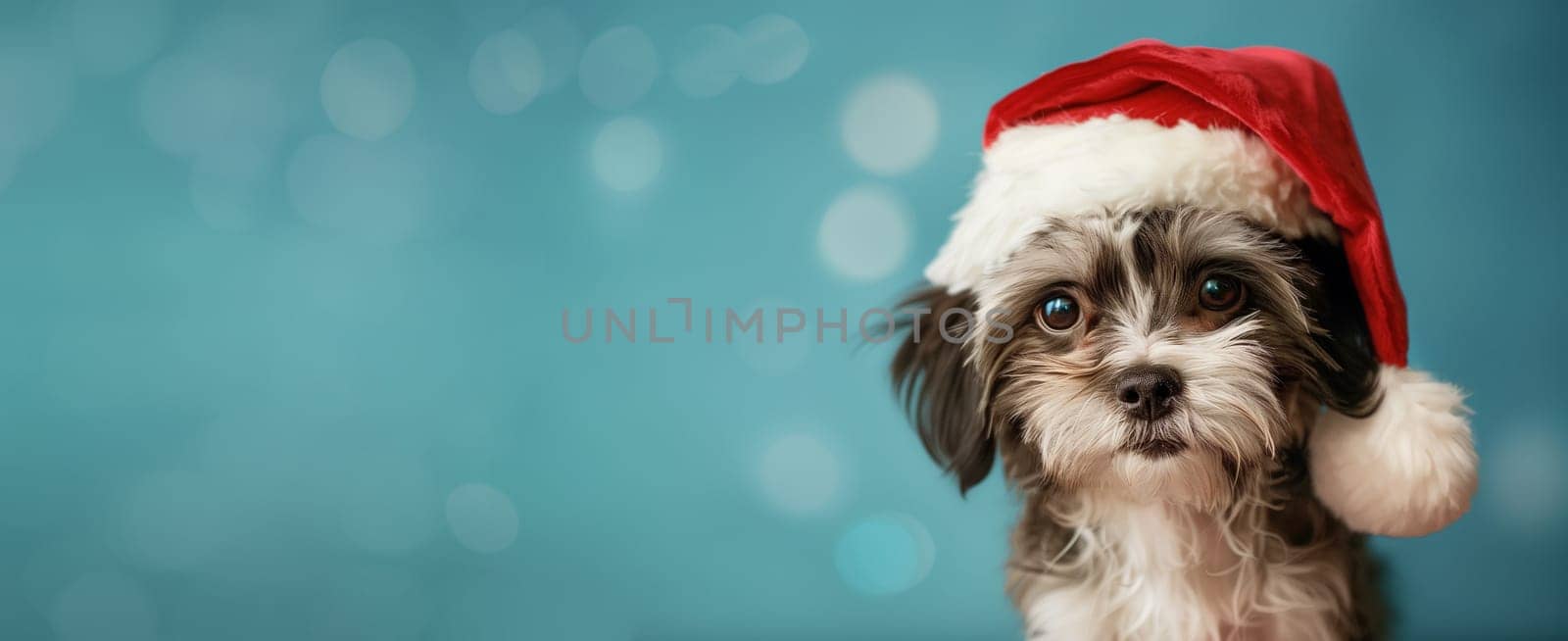 Shih Tzu puppy with red santa claus hat, Christmas holiday, winter season, pet dog blue background