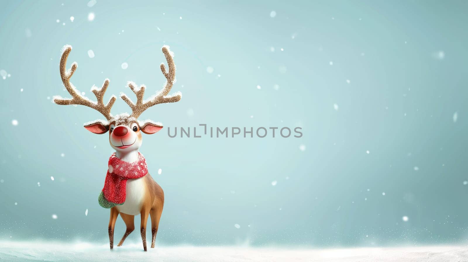 Reindeer with snowflakes and scarf, merry christmas holiday greeting card, winter season, blue color, xmas