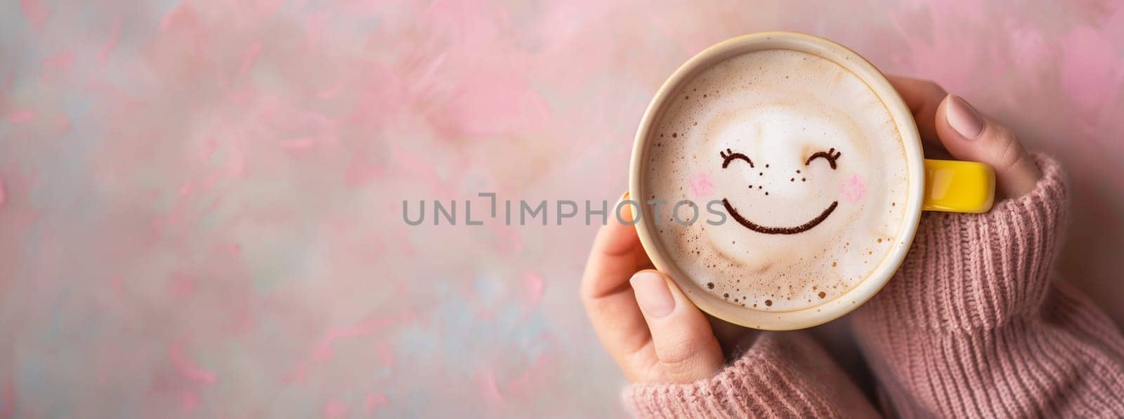 Cup of coffee with a happy smiling face, wake up in the morning, hot drink with caffeine, take a break, positive attitude