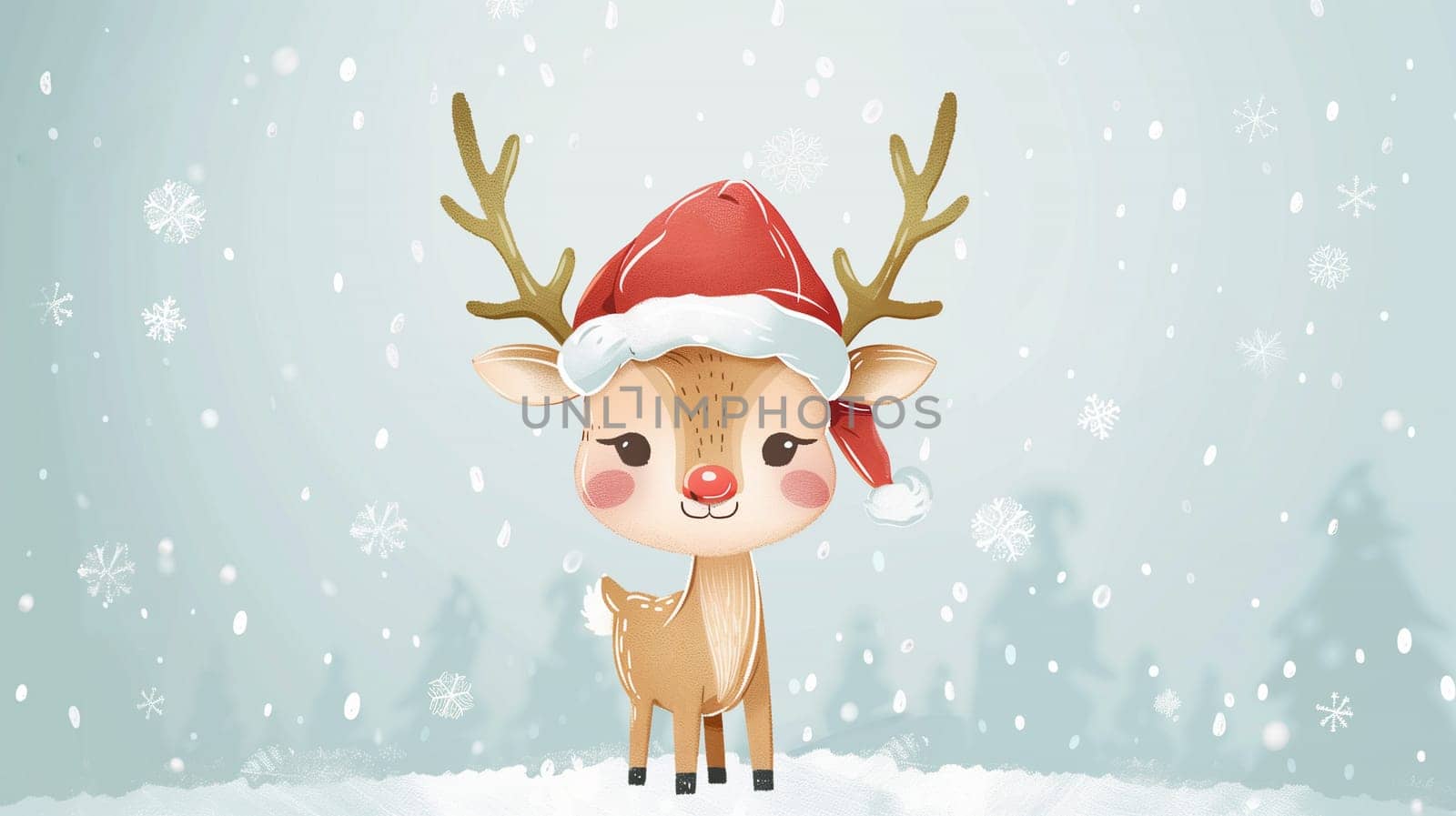 Reindeer with red santa claus hat and snowflakes, merry christmas holiday greeting card, winter season blue color, xmas