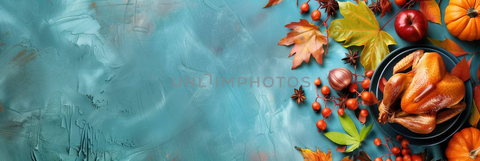 Thanksgiving background, roast turkey, pumpkin, autumn foliage, apples, pine cones and berries, banner with copy space