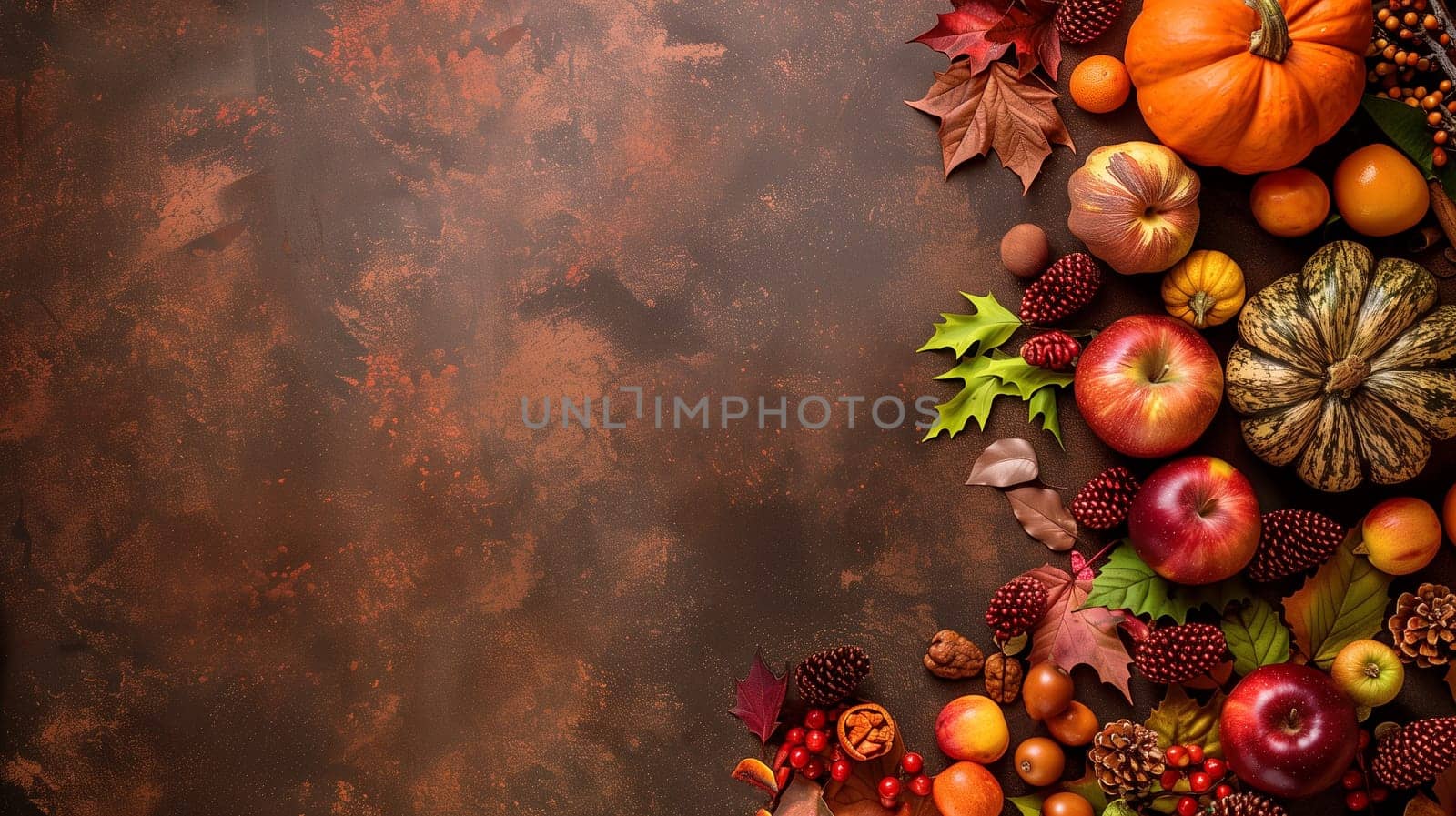 Thanksgiving background, pumpkin, autumn foliage, apples, pine cones and berries, banner with copy space
