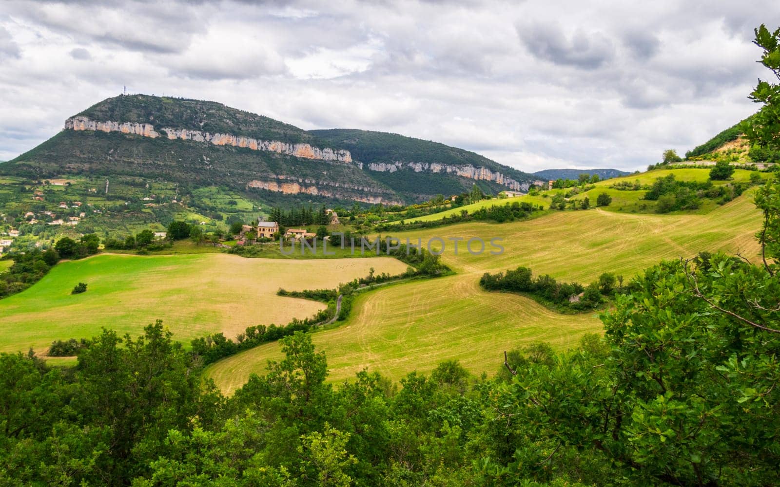 The Causse Noir limestone plateau, east of the town of Millau in the department of Aveyron, France. One of Grands Causses, plateaus listed as UNESCO World Heritage Site