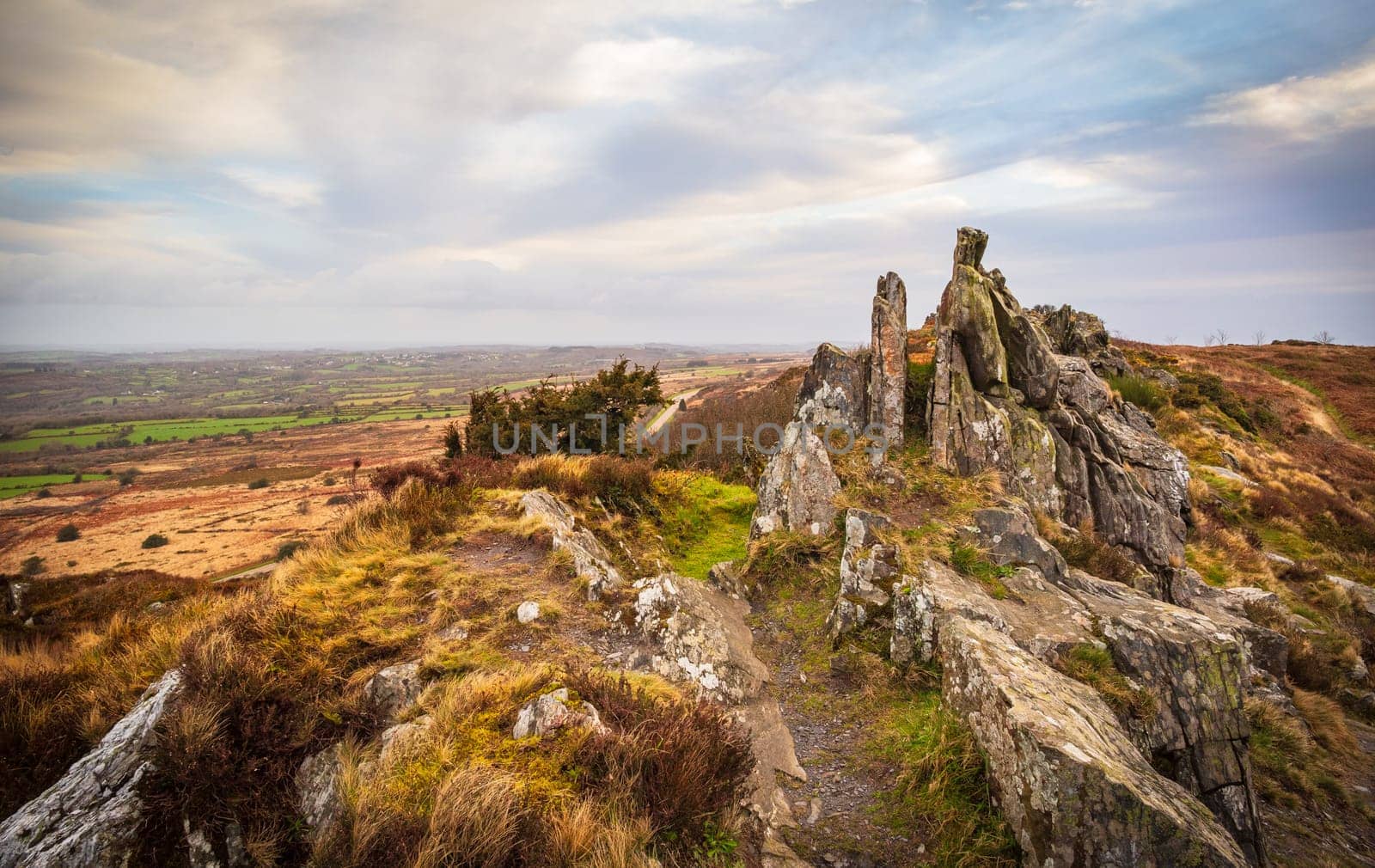 Panorama  over moors and hills from the highest rocky point of Brittany. Roch Trevezel, Monts d'Arrée massif in Brittany, France
