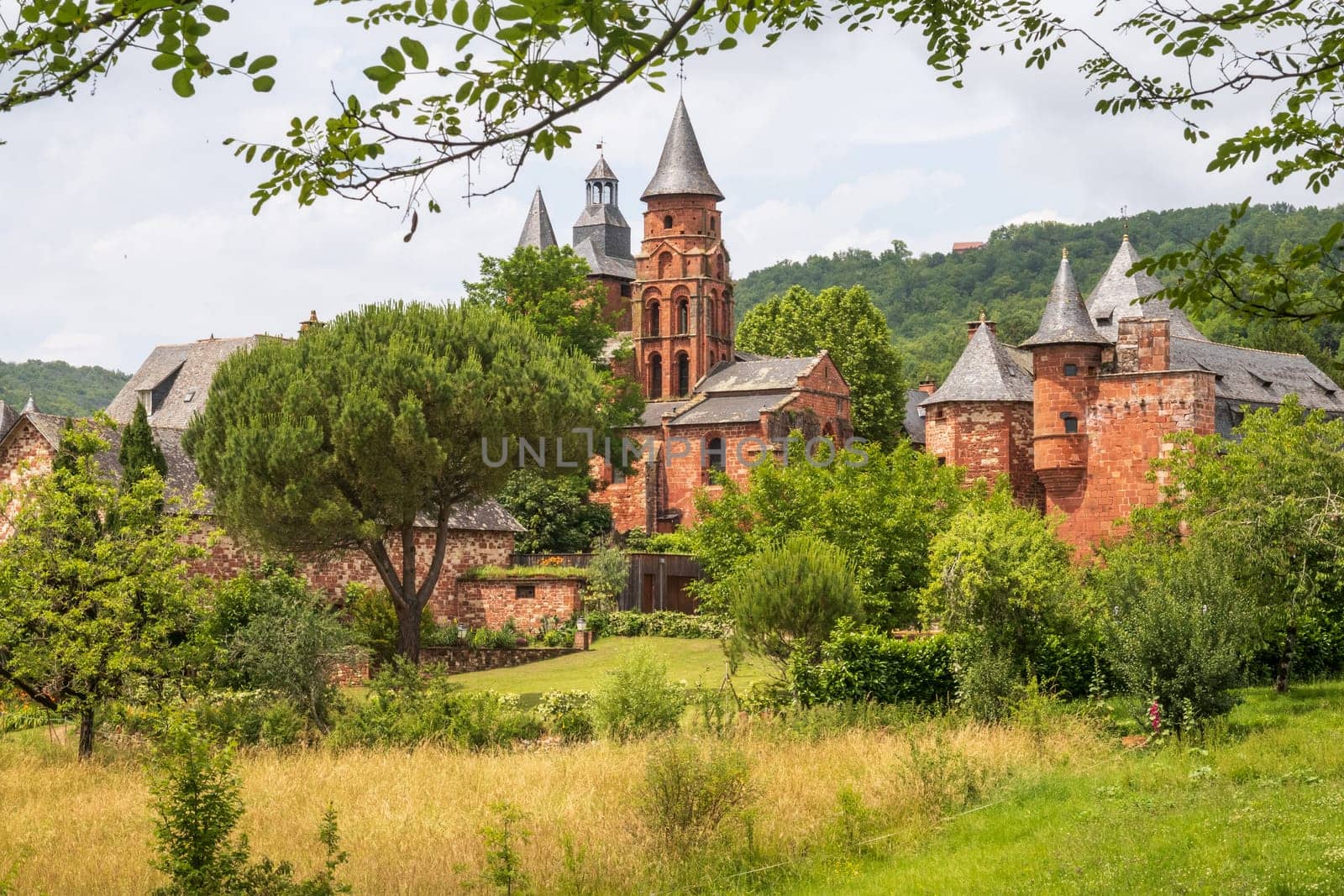 Exterior View of the Church of Saint-Pierre and village in Collonges-la-Rouge, France