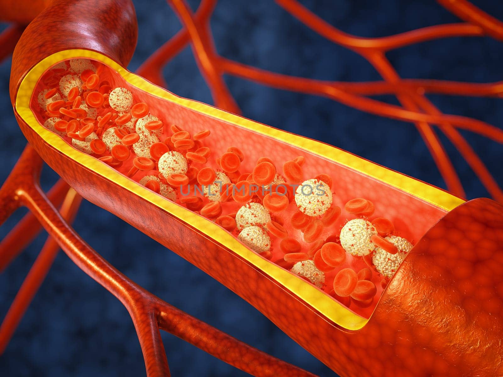 The coronavirus and blood cells flow in the blood vessels. 3d render.