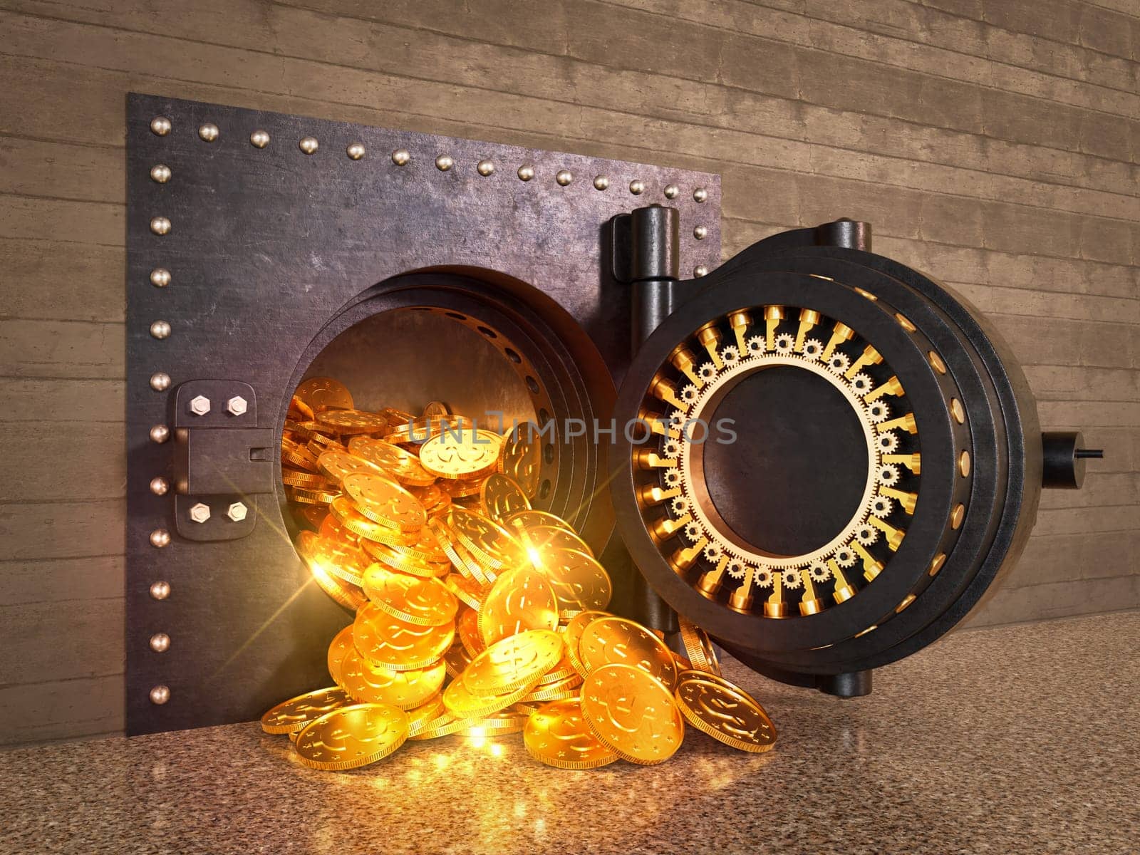 Heavy door opening in a bank safe from which gold coins with a dollar sign spill out. 3D render.