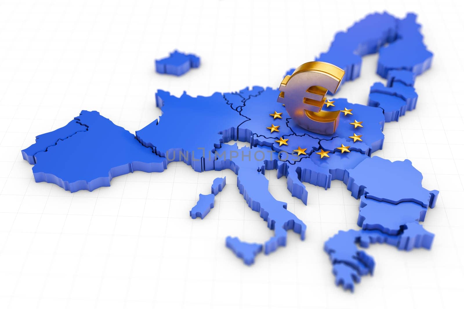 The euro sign on the EU map. 3d rendering.