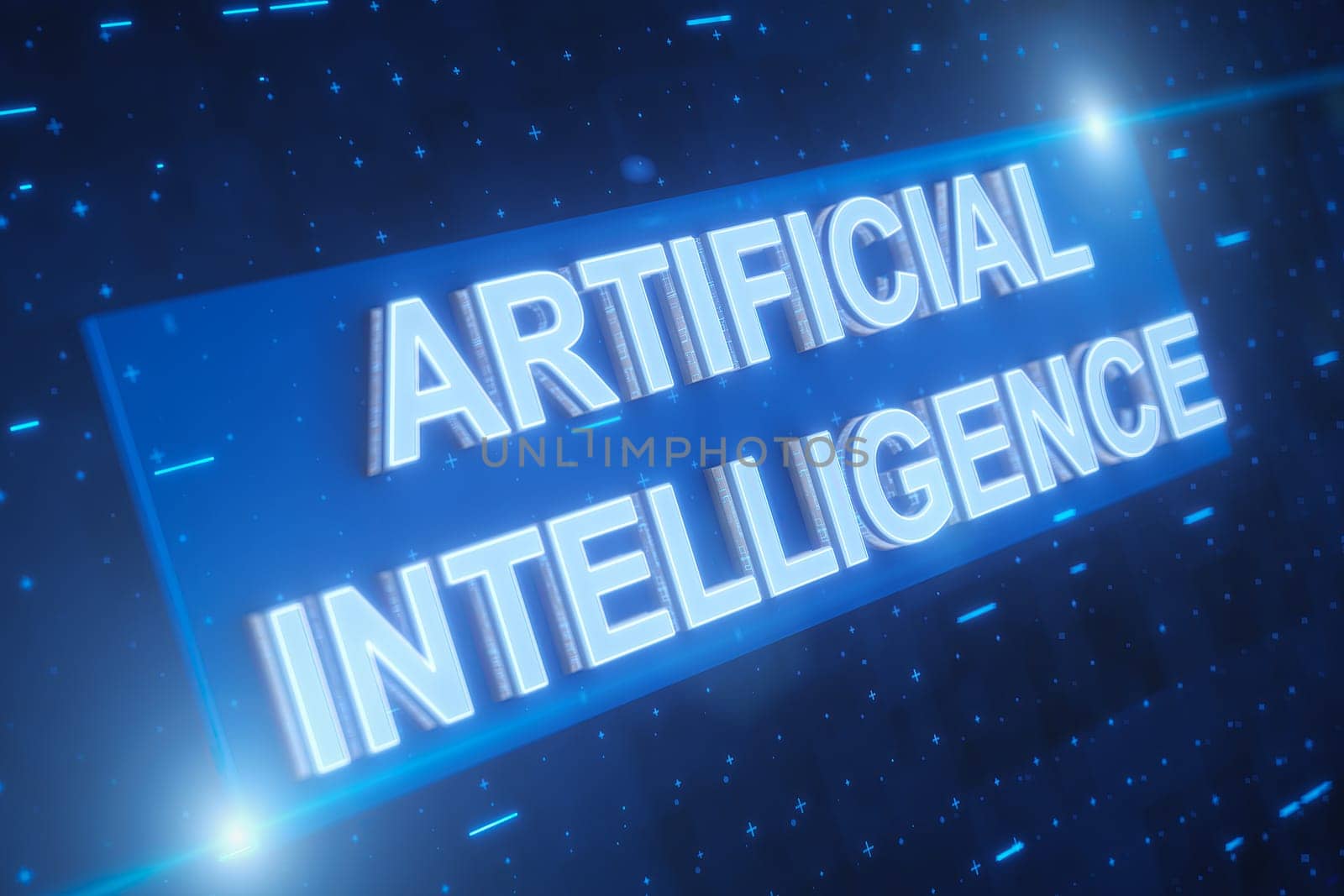 Abstract composition from different graphic elements and signboard Artificial intelligence. 3d render.