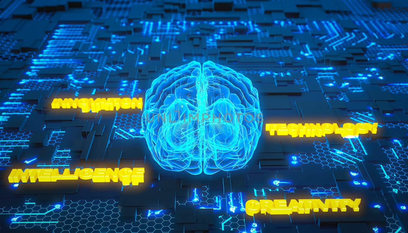 Conceptual composition of a glowing human brain on a circuit board. 3D rendering.