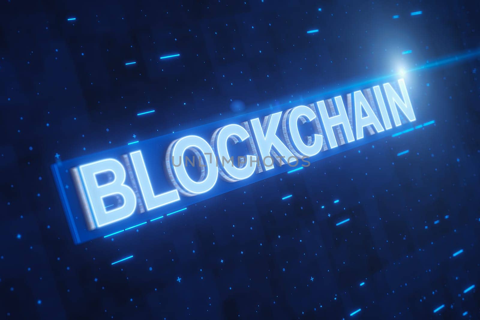 Abstract composition from different graphic elements and signboard Blockchain. 3d render.