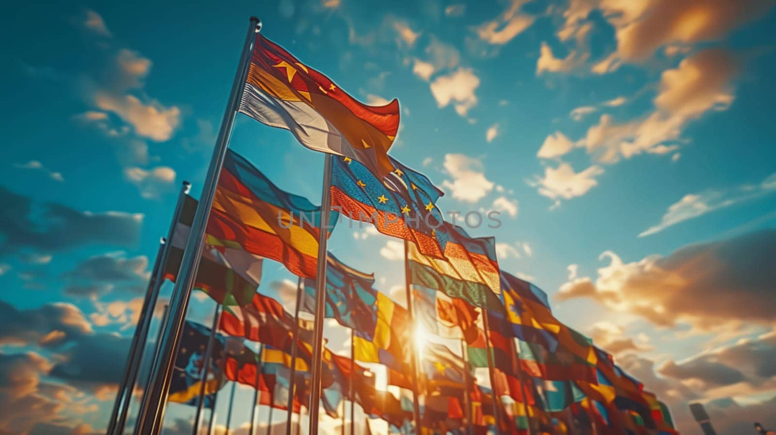 A vivid image of the flags of different countries fluttering in the wind. The Concept of Global Unity and International Cooperation