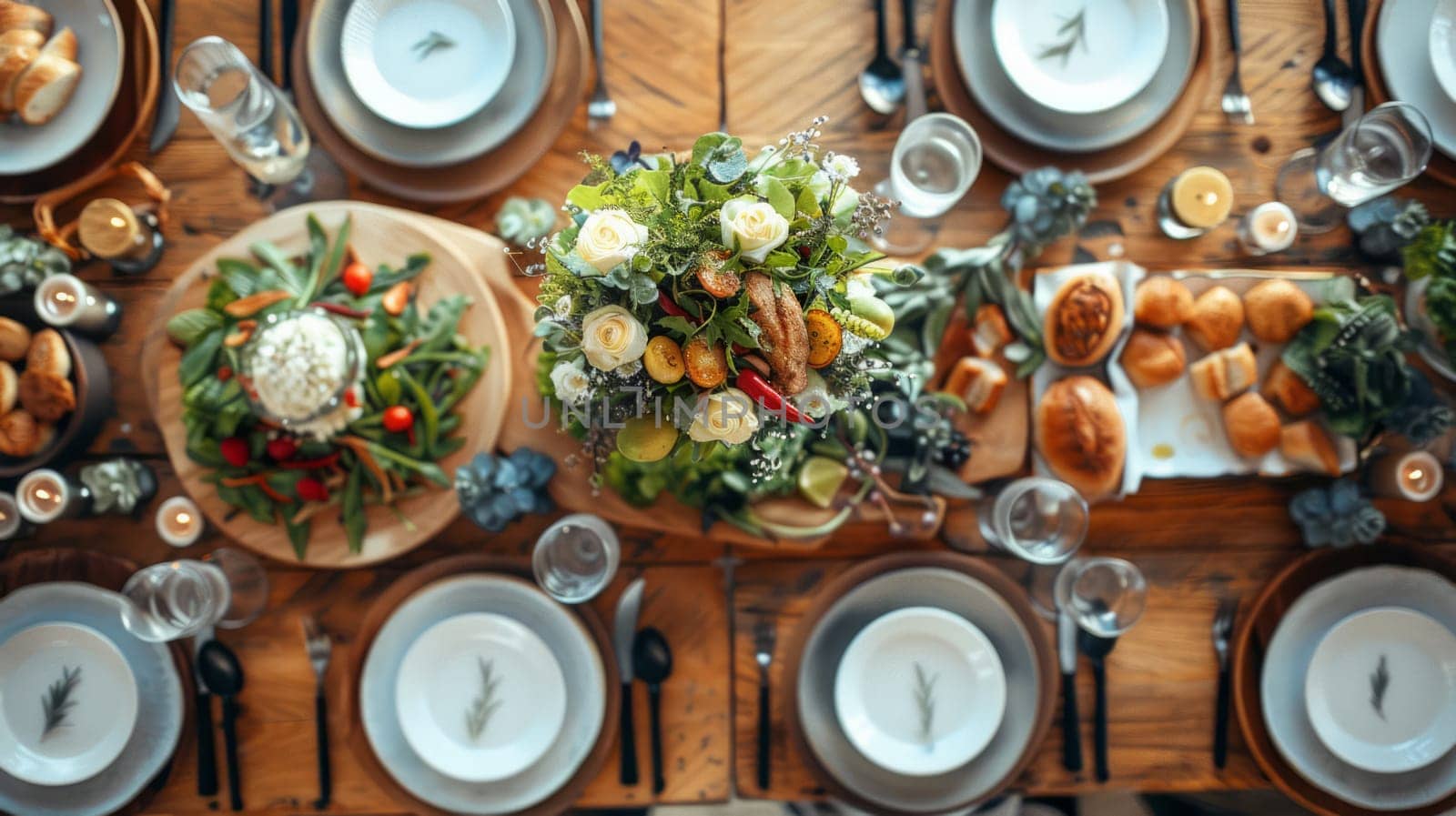 A beautifully laid table in the restaurant with dishes prepared with fresh, farmed ingredients, viewed from above.