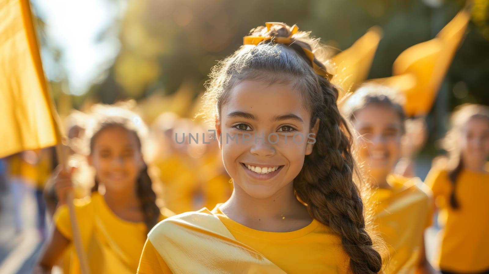 A charity run or walk with participants dressed in gold clothes and holding banners to raise funds for childhood cancer research.