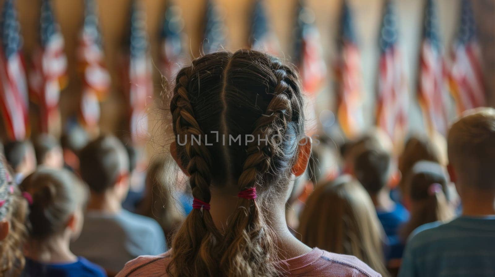 Children stand in front of American flags in a solemn atmosphere, the concept of patriotic education
