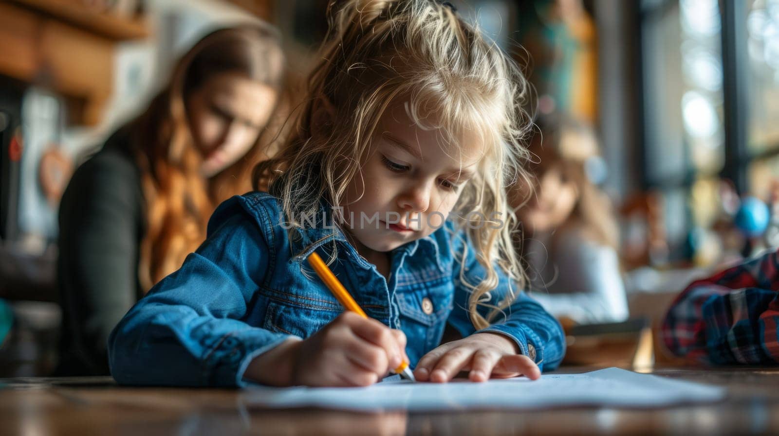 The little girl is writing diligently in her notebook, a lesson in the classroom. The concept of learning and creativity.