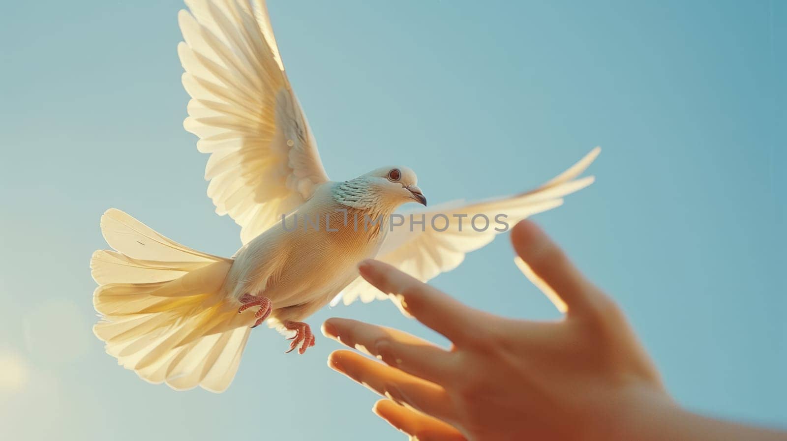 peace concept.Close-up of hands carefully releasing a pigeon against a clear blue sky.