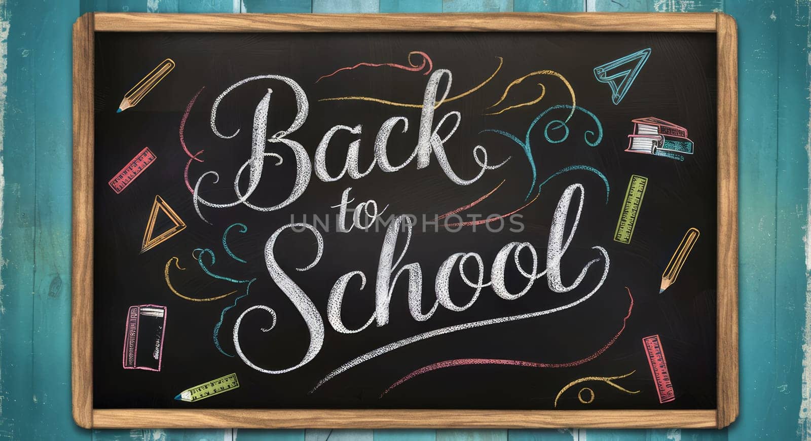 A colorful chalkboard sign that reads ,Back to School, surrounded by drawings of school supplies on a rustic wooden frame and blue background.