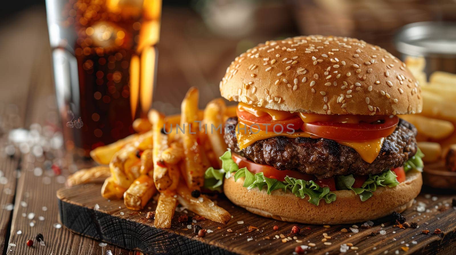 Delicious burger with melting cheese, crispy fries and cold soda, served on a wooden tray.