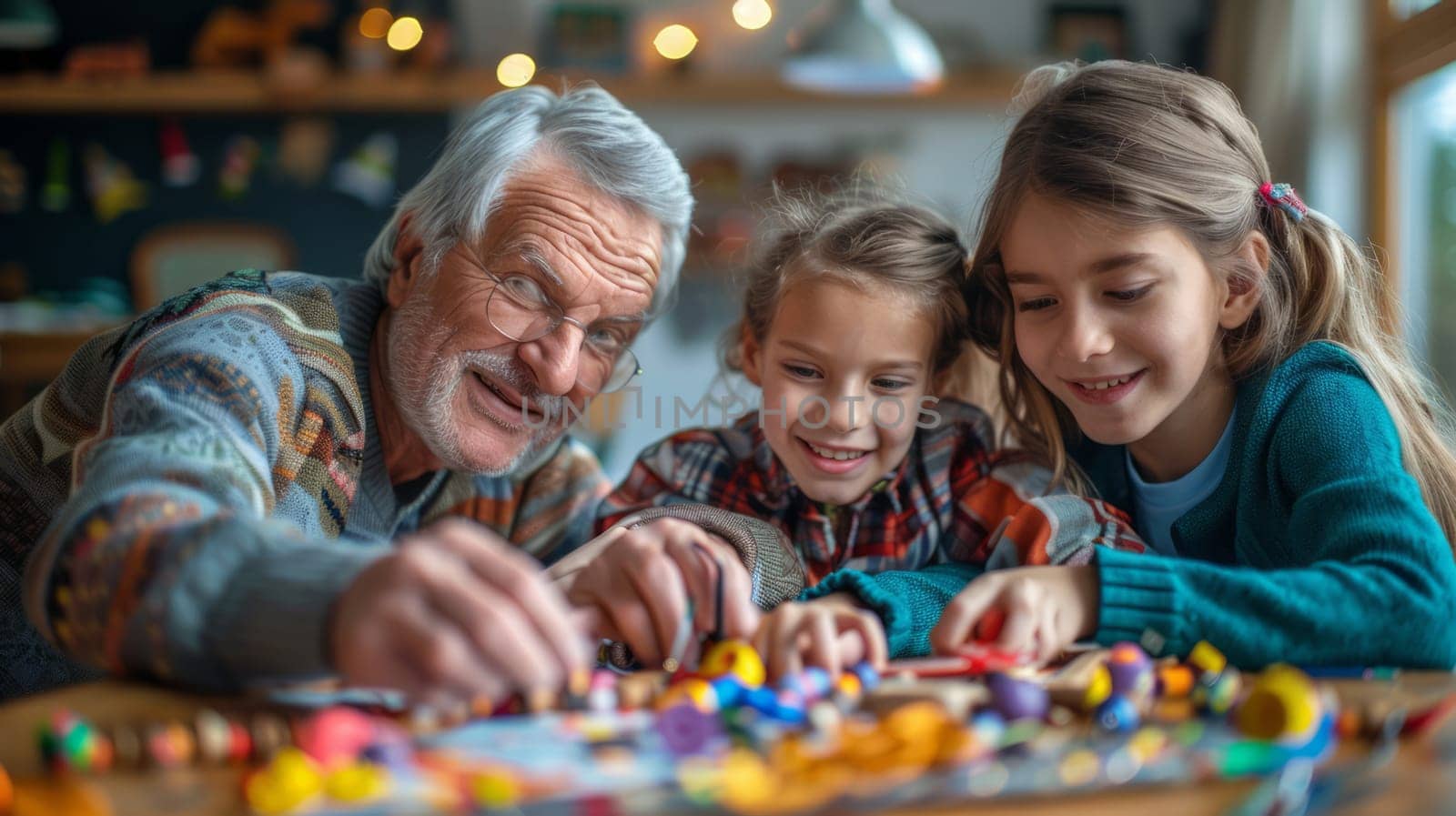 Grandpa and grandchildren make crafts in honor of National Grandparents Day using a variety of colorful materials and creative crafts.