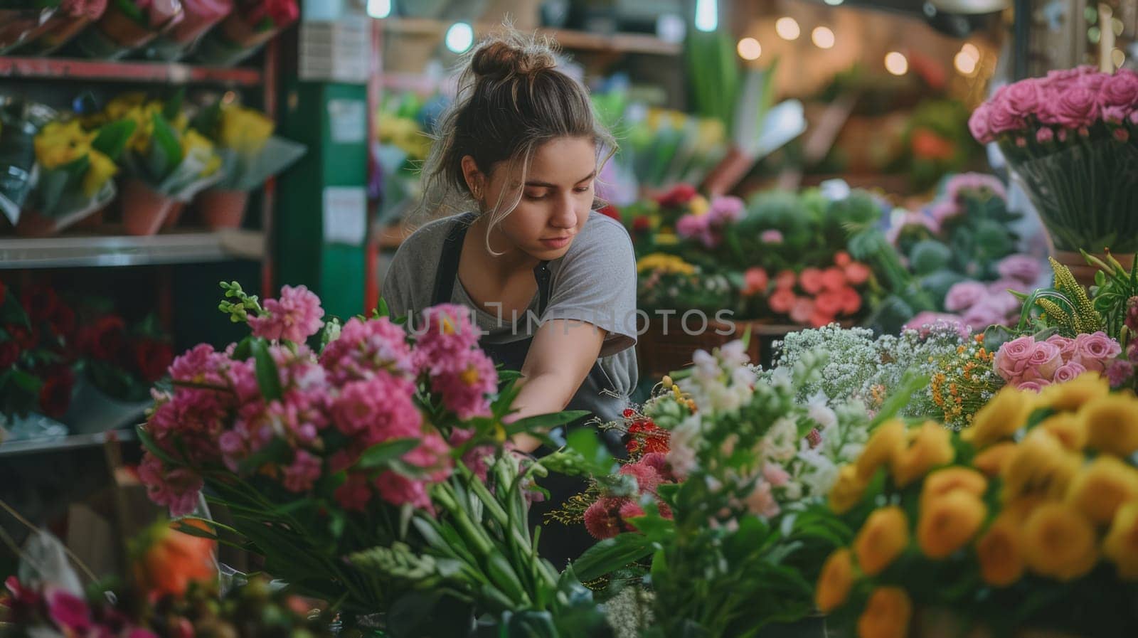 young woman florist in flower shop. Surrounded by bright flowers and greenery, with ready-made bouquets on the shelves in the background.