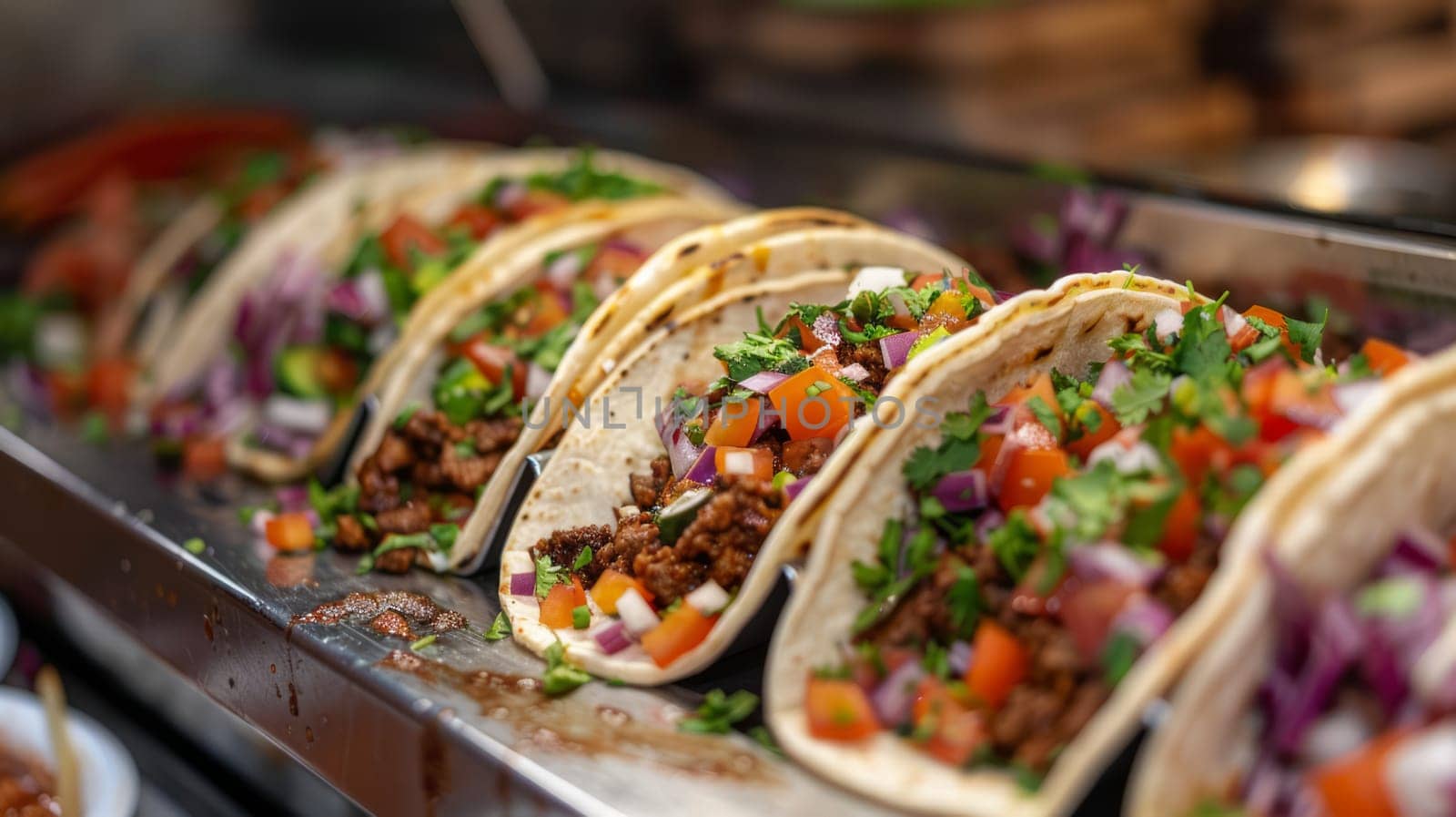 A close-up of cooking gourmet tacos in a van with fresh ingredients and colorful toppings.