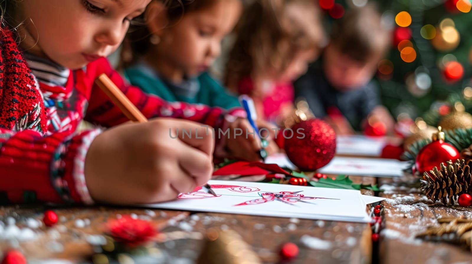 Close-up of children writing and drawing on Christmas cards, with holiday decorations around them.