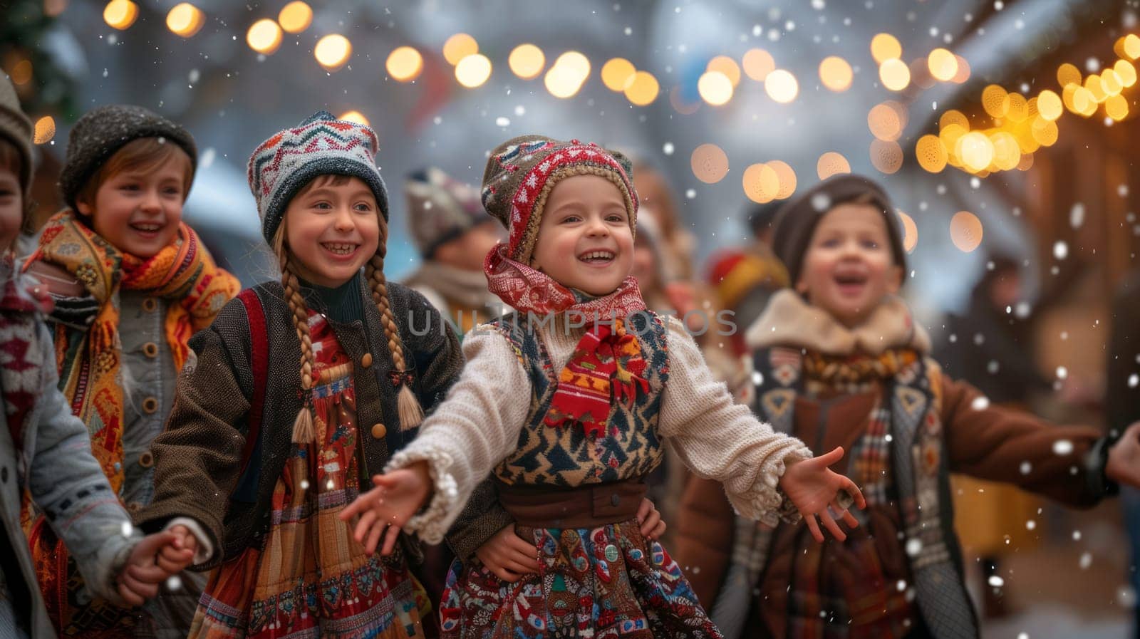 Children dressed in traditional clothes from different cultures perform a festive dance at a Christmas market or festival.