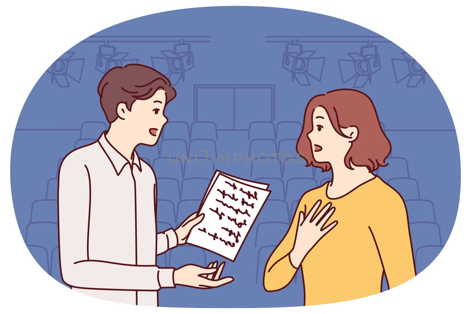Man and woman working as actors are rehearsing theatrical performance standing on stage. Guy and girl are memorizing text of theatrical performance, wanting to receive award for acting
