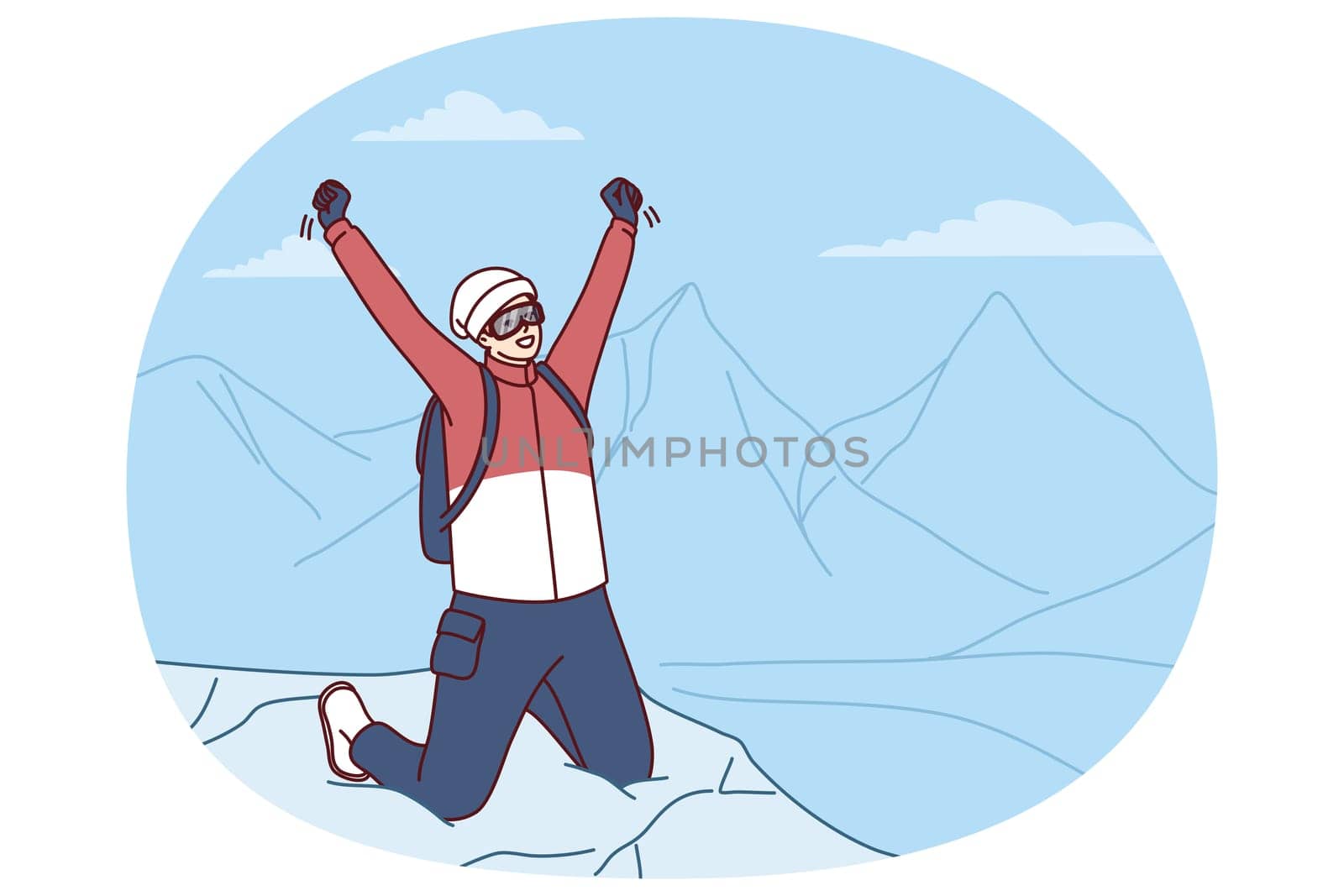 Inspired traveler man stands on mountaintop rejoicing at successful climbing Everest peak or new world record. Male tourist raises hands as sign of victory after climbing on hard to reach place