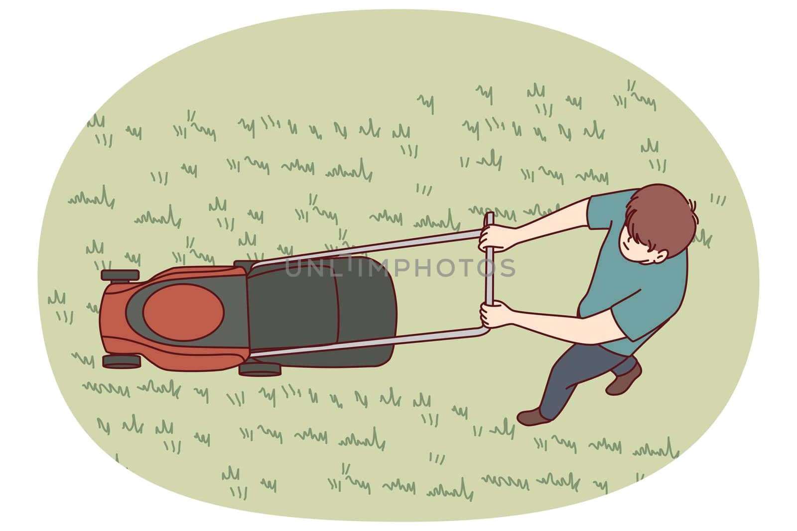 Man uses lawn mower to cut grass and wild weeds on golf course in park or in own backyard. Top view of young guy dressed in casual clothes with lawn mower working as gardener or janitor.