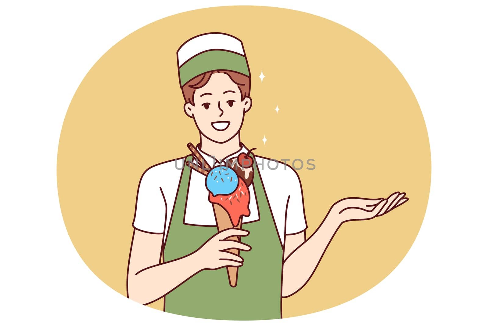 Woman ice cream seller holds cold dessert in waffle cup offering fruit delicacy to refresh after walk. Girl waiter in apron demonstrates ice cream to satisfy hunger in hot summer weather