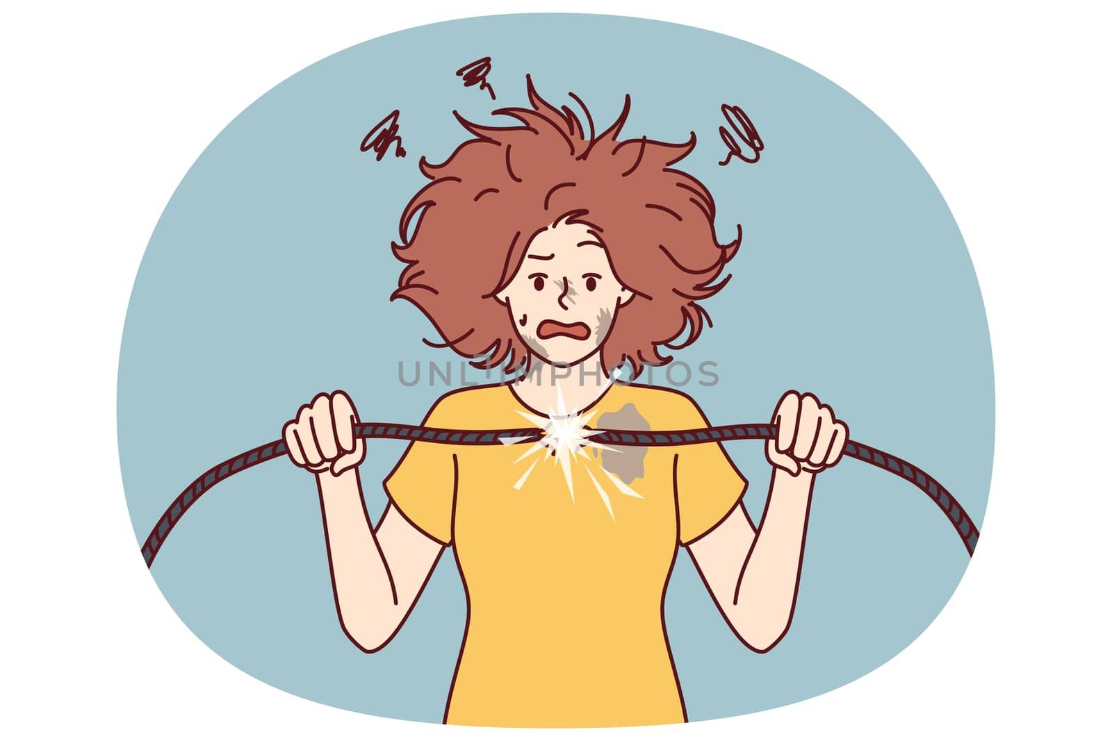 Woman with damaged electrical wire suffers from electric shock and power failure. Funny girl with disheveled hair was shocked after feeling shock from electricity and trying to fix wiring