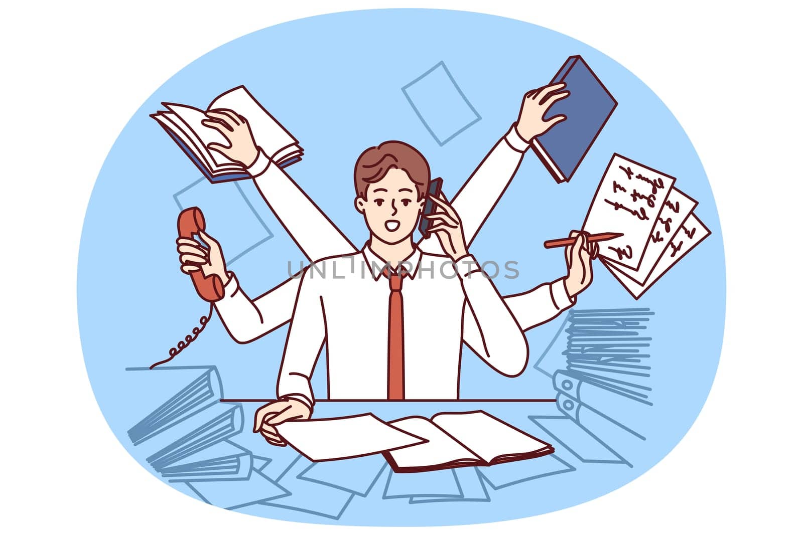 Multi-armed man multitasking with documents and talking on phone at same time sitting in office. Clerk guy wants to achieve career success multitasking to please boss or become manager