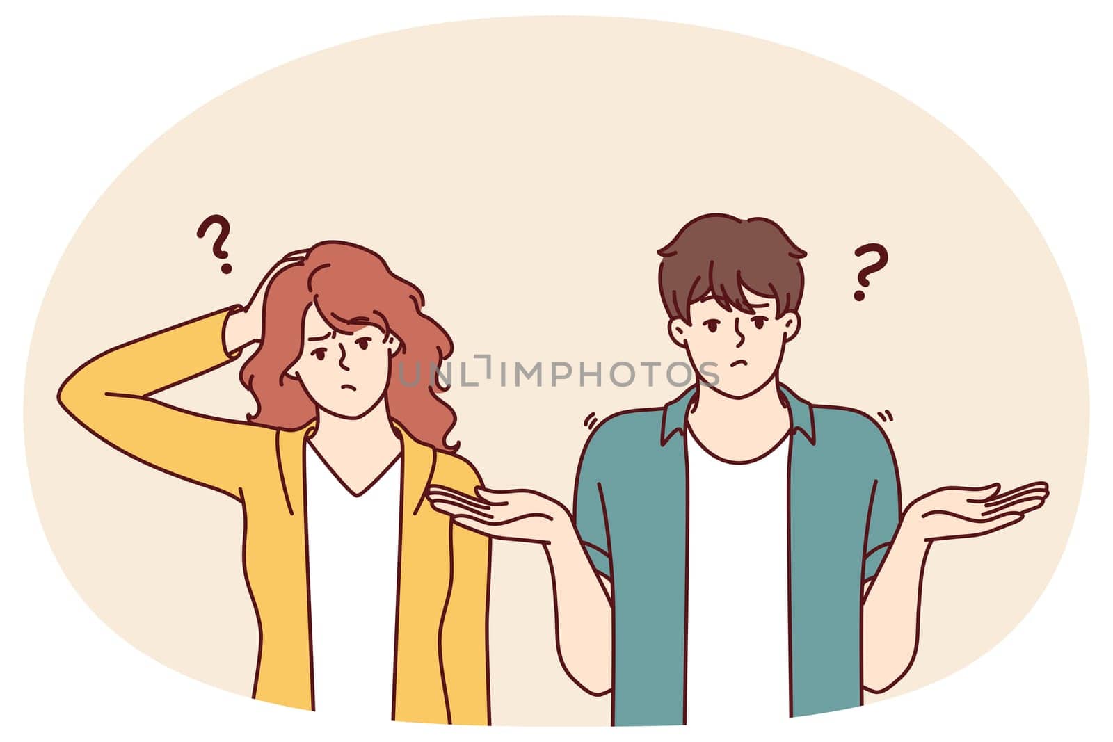 Doubting man and woman shrug hands and touch heads, sign of absence of solution to problem. Doubtful couple of guy and girl experiencing embarrassment do not understand what is happening