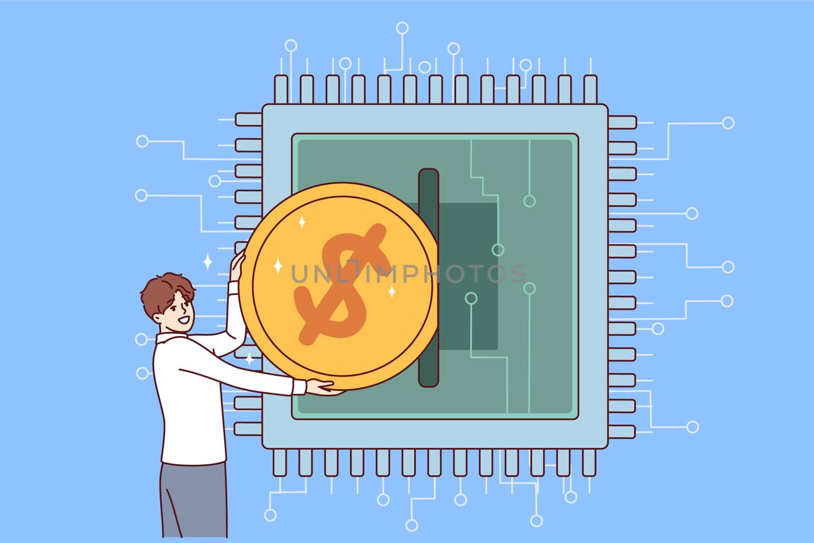 Man invests in development of microchips and semiconductors for computers by inserting coin into microprocessor. Guy finances production of semiconductors and chips in high-tech market
