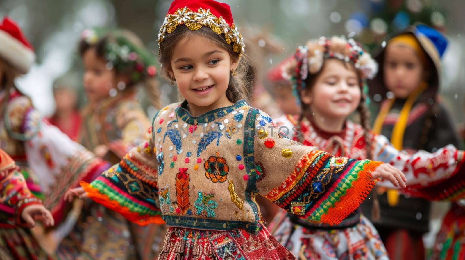 multicultural group Children dressed in traditional clothes of different cultures perform a festive dance at a music festival.