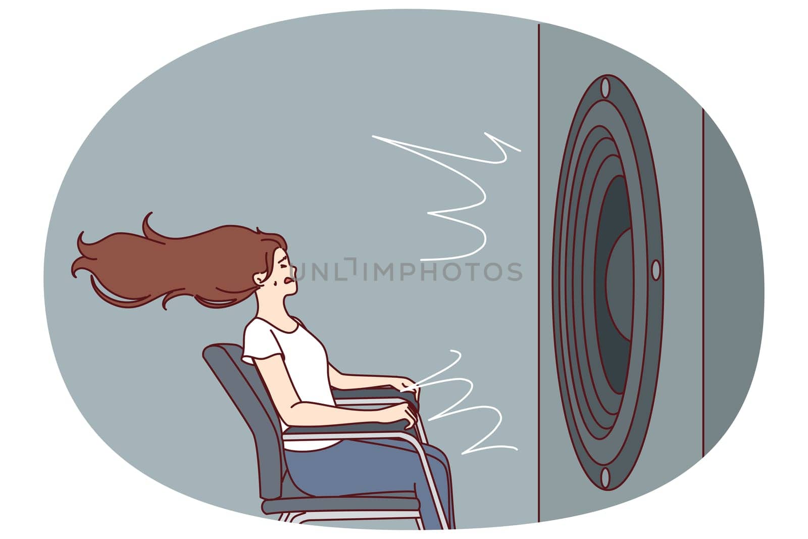 Deafened woman near giant subwoofer from music center listening to loud rhythmic track with bass sitting in chair. Subwoofer with round speaker produces loud sound waves for girl who loves rock songs