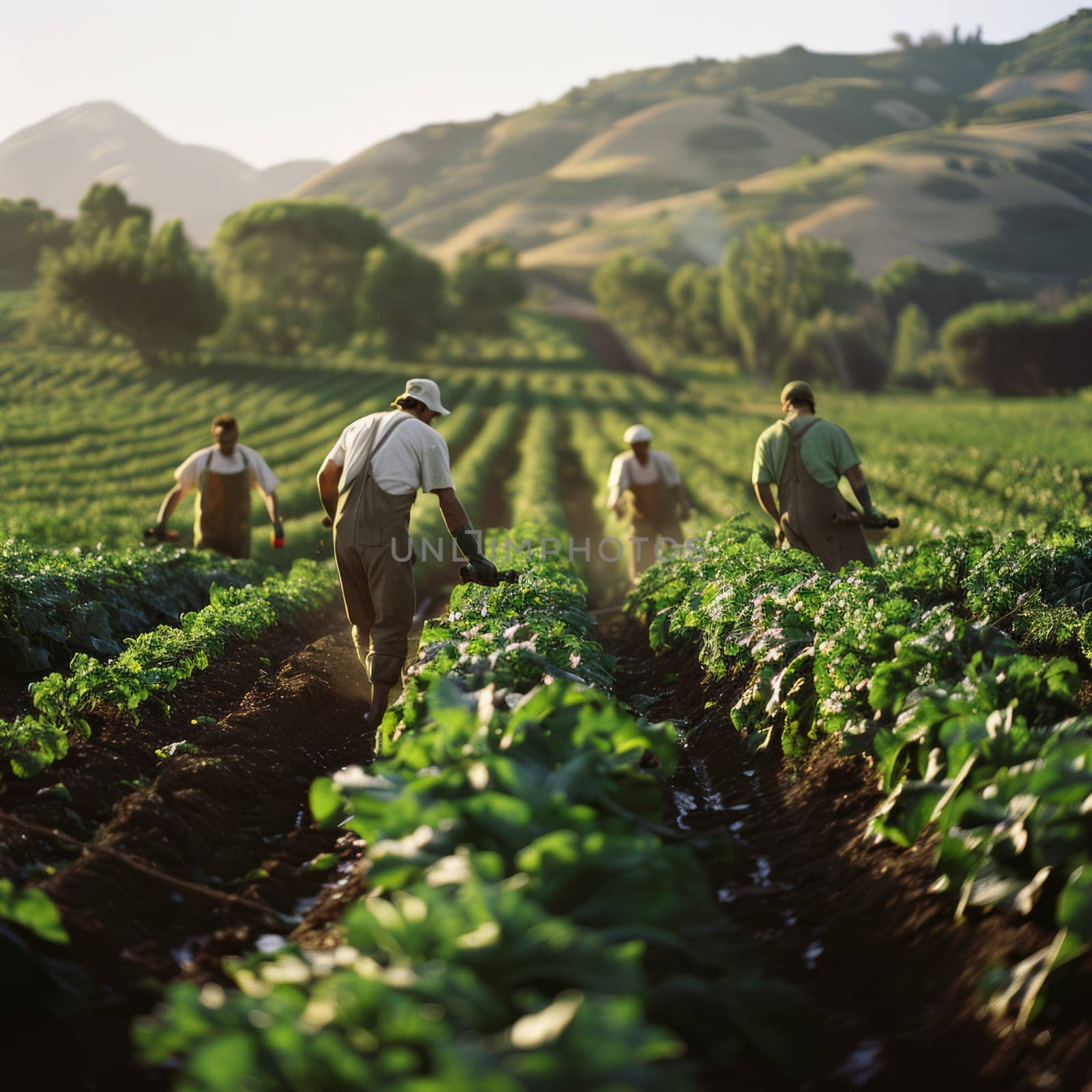 Farmers growing organic crops without the use of chemicals, in a lush green field.