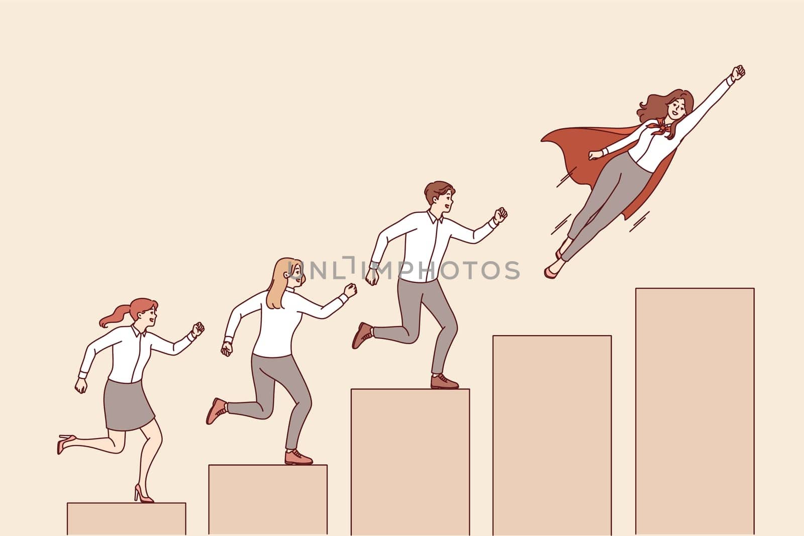 Team of business people climbs charts together and achieves success through teamwork and synergy. Super team of clerks are successfully moving up career ladder thanks to working in excellent company
