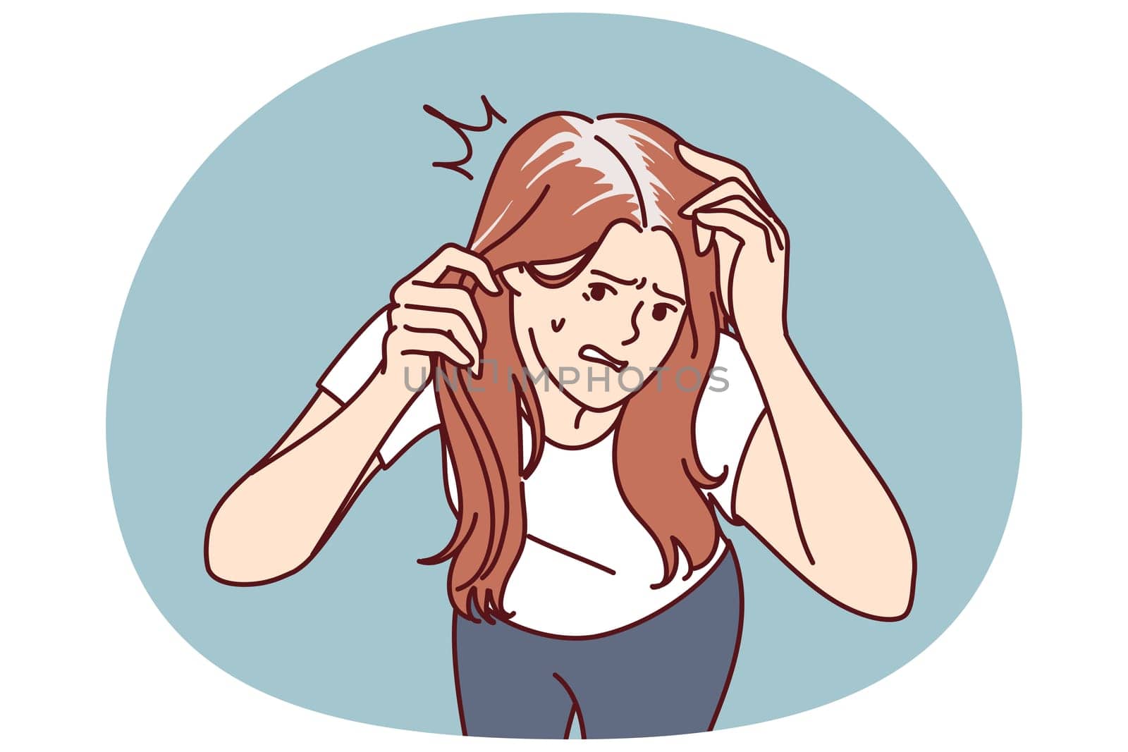 Worried woman with gray hair is nervous due to premature baldness associated with lack of nutrients and calcium. Girl needs trip to dermatologist due to appearance of gray hair or dandruff