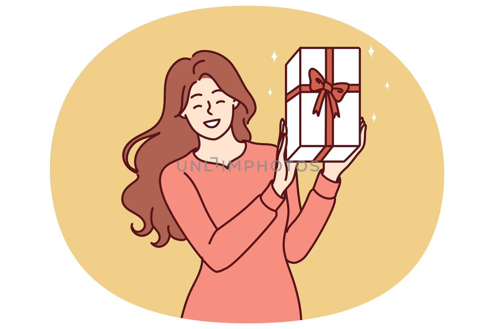 Happy woman shows gift box with red ribbon given by boyfriend in honor of birthday or christmas eve. Positive girl shows off gift she received after participating in promotion from clothing store