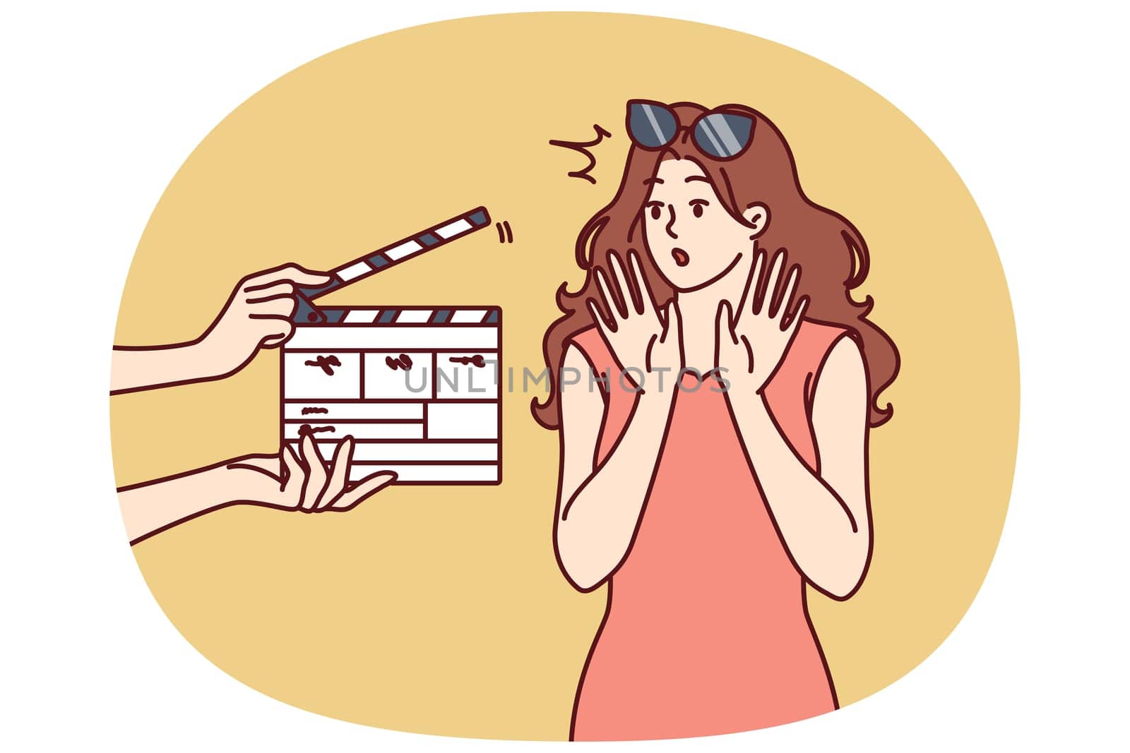 Woman movie star is embarrassed sees clapboard passing casting call for role in popular series or tv show. Movie star girl waving hands, not wanting to film or answer questions from reporters