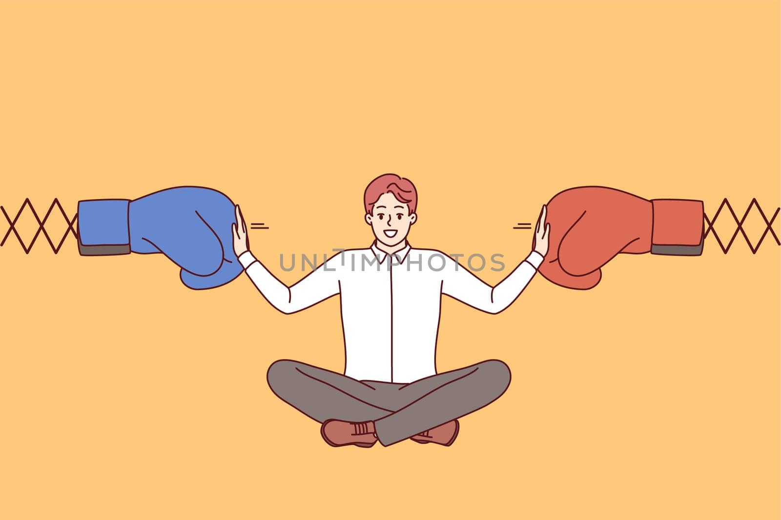 Man business mediator works in conflict management and sits between two boxing gloves. Experienced boss mediator stops dispute corporate employees to avoid decrease in work productivity