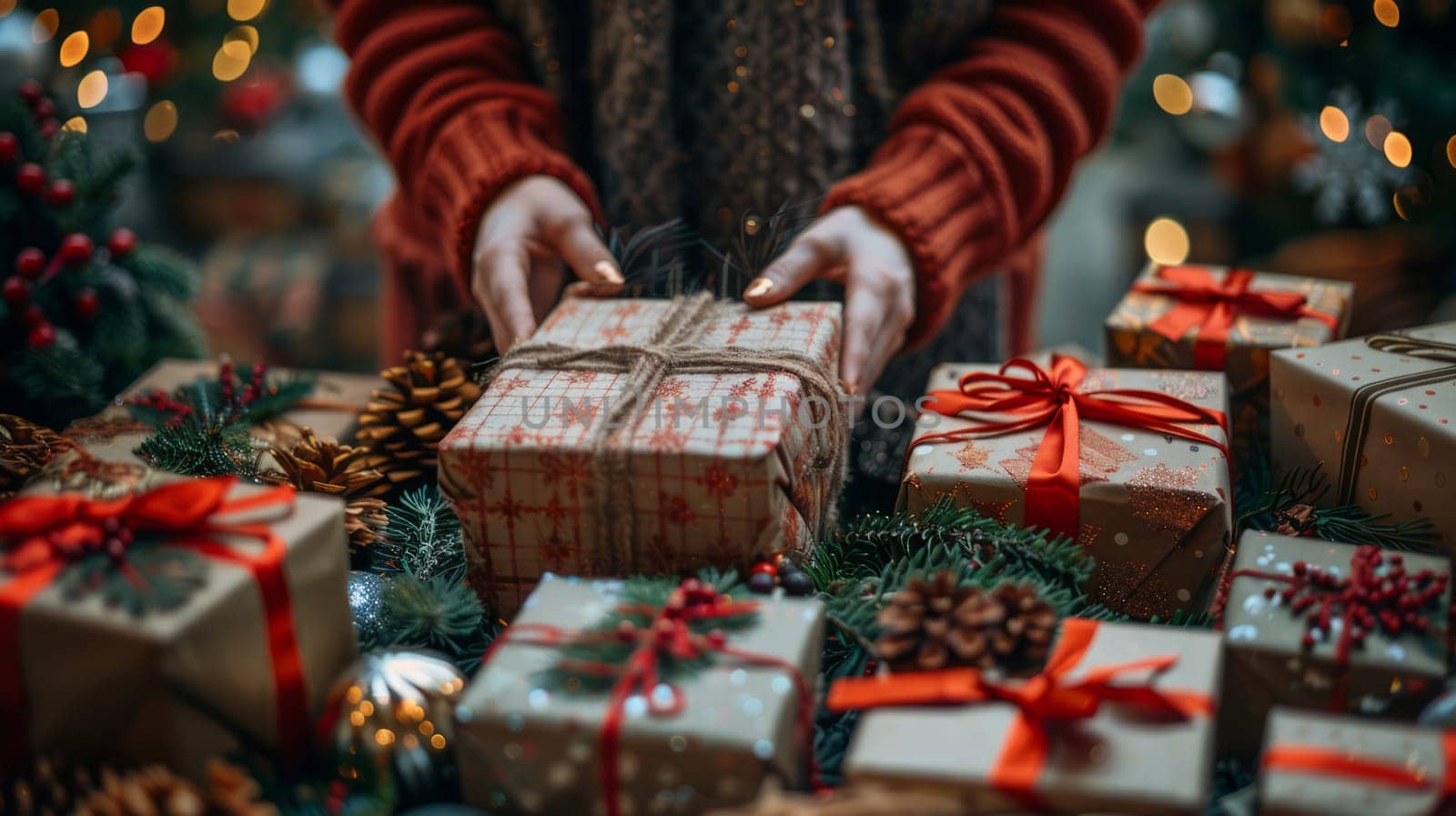 The seller displays unique Christmas gifts in beautiful packages and with festive decor.