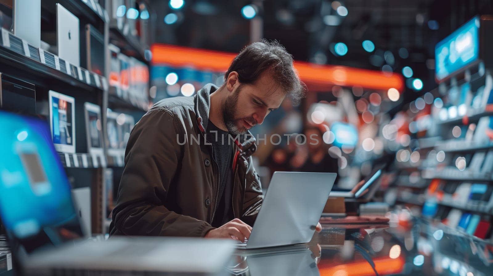 A customer looks at a laptop surrounded by modern devices and bright store lighting