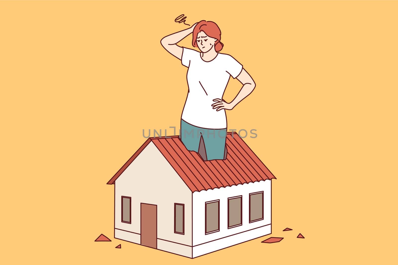 Woman homeowner suffers from small area of house, stands inside miniature cottage and scratches head. Problem of lack of money for spacious home for homeowner in need of move or mortgage loan