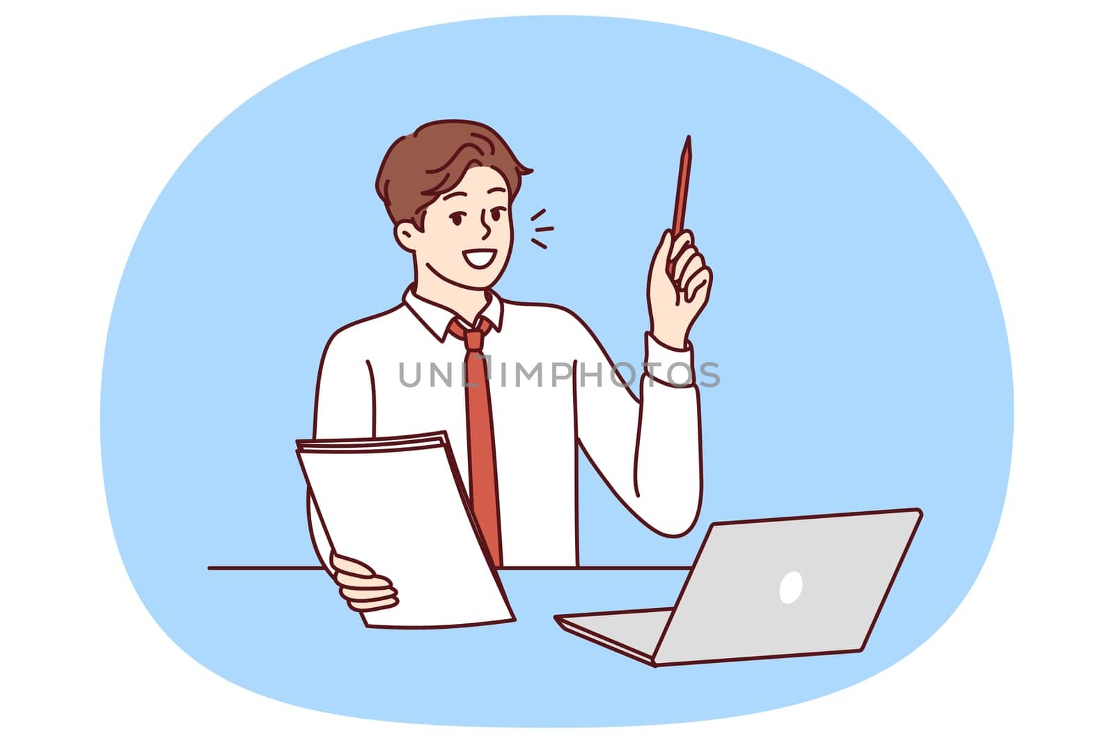 Businessman is sitting at table with laptop raising pen up participating in webinar on management. Guy student with notebook in hand raises hand wishing to become successful businessman