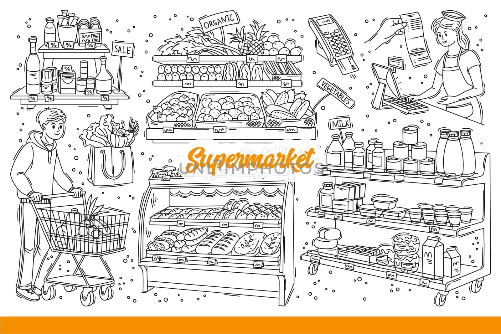 Supermarket with food and fresh vegetables or baked goods near buyer with shopping cart and seller. Grocery store shelves or supermarket showcases with product assortments. Hand drawn doodle